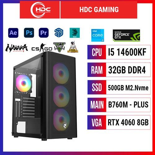 PC HDC GAMING CPU Intel i5 14600KF – RAM 32GB DDR4 – SSD 500GB NVME M.2 – MAIN TUF B760M-Plus - VGA RTX 4060 8GB